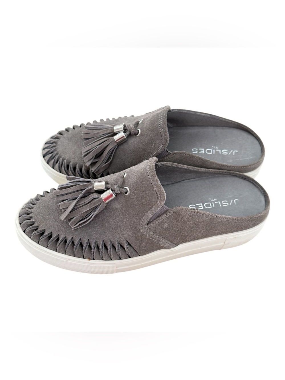 J/Slides NYC Andie Gray Suede Leather Slip On Sneaker Tassel Detail 6.5